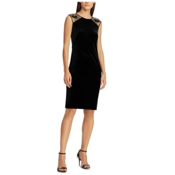 Ralph Lauren Black Sequin Velvet Midi Sheath Cocktail Dress Size 14 Short Sleeve - Picture 11 of 13